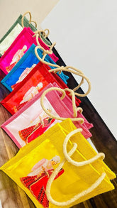 Jute Bags With Dulha/Dulhan Print For Return Gifts, Thamboolam Bags, Wedding Gifts, Lunch Bag Multicolor 10*8*4 inches Gifts